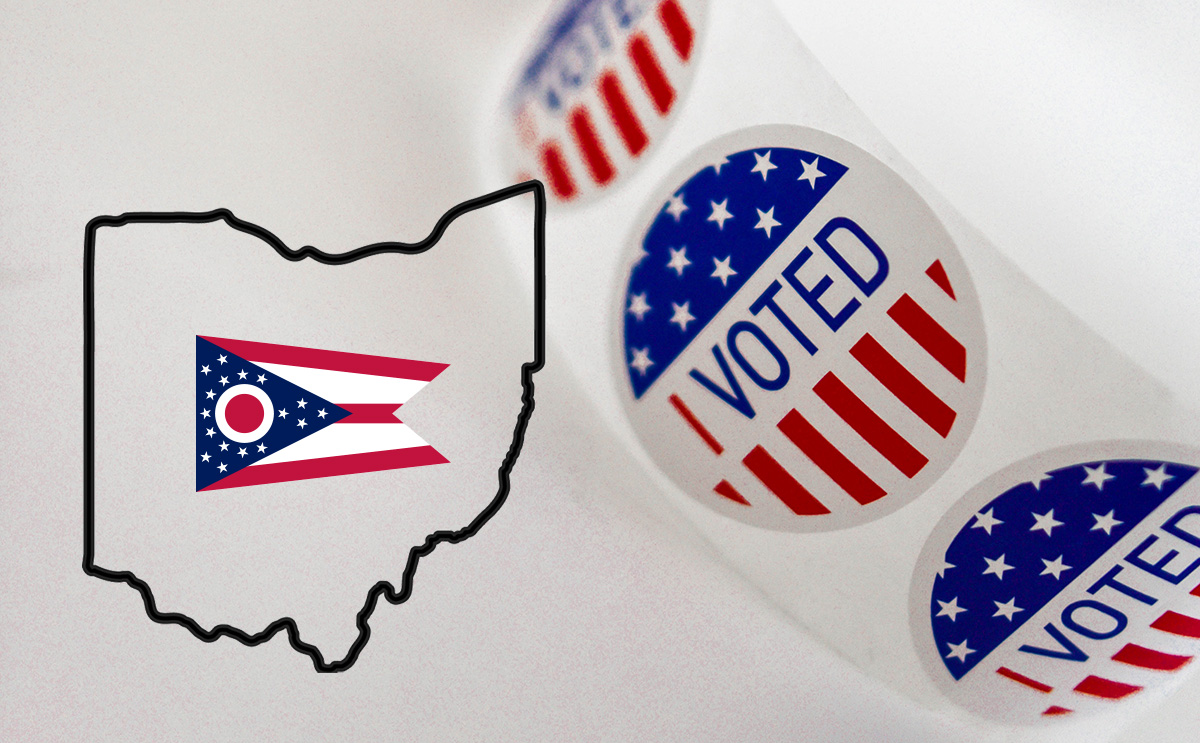 I voted stickers, outline of Ohio and state flag
