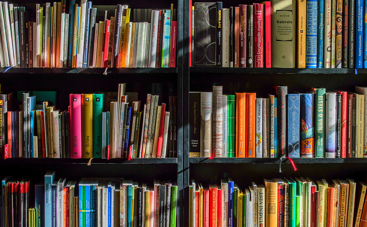 Colorful library books on a shelf
